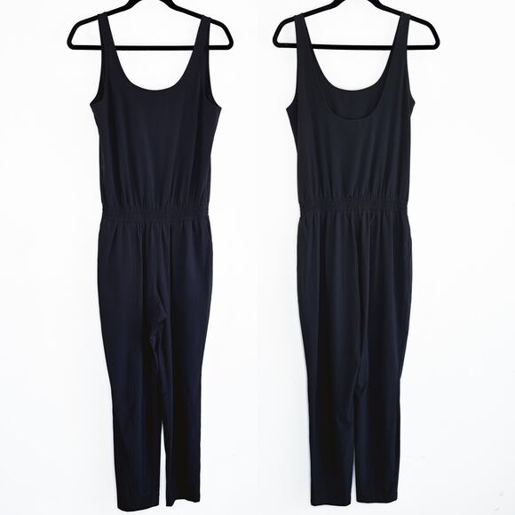 Athleta Roaming Black Sleeveless Smocked Scoop Back Slim Straight Leg Jumpsuit 6 - Picture 3 of 14